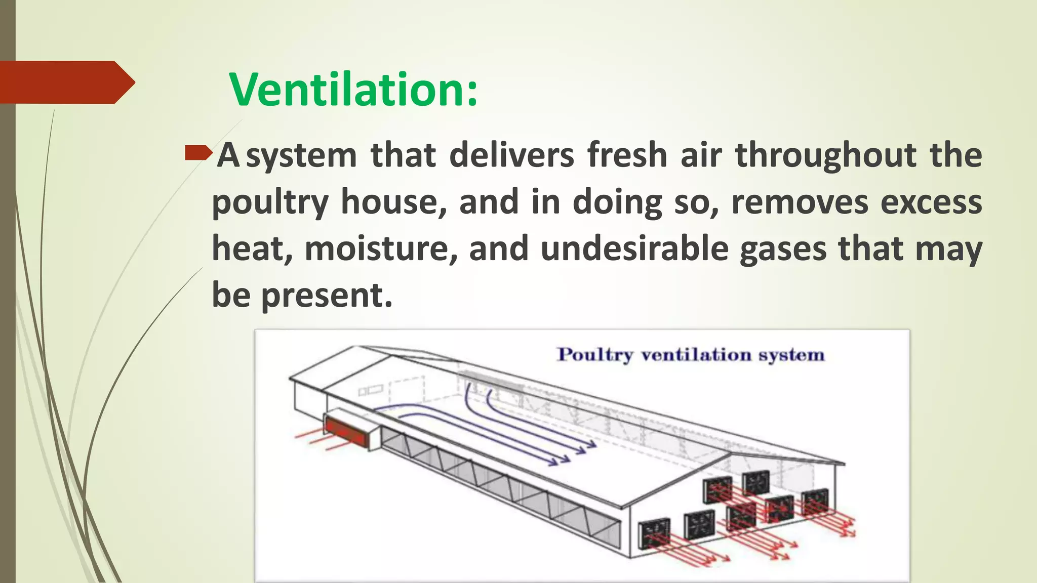 Ventilation:
Asystem that delivers fresh air throughout the
poultry house, and in doing so, removes excess
heat, moisture, and undesirable gases that may
be present.
 