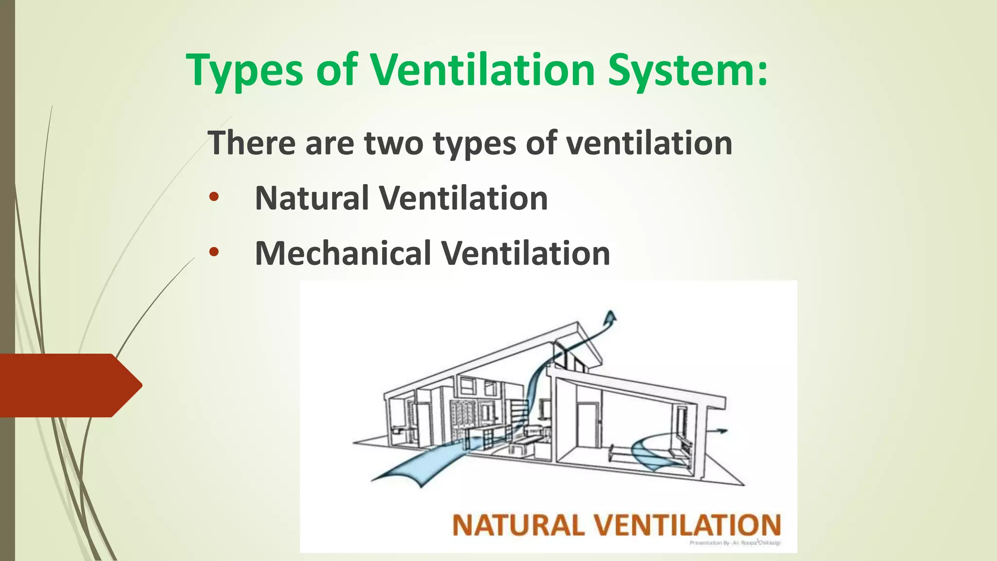Types of Ventilation System:
There are two types of ventilation
• Natural Ventilation
• Mechanical Ventilation
 