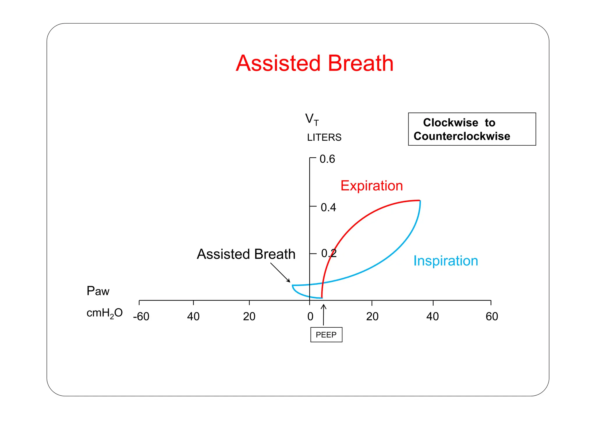 Assisted Breath
Assisted Breath
V
LITERS
0.6
VT Clockwise to
Counterclockwise
Expiration
0.4
0.6
Inspiration
0.2
0.4
Assisted Breath Inspiration
Paw
Assisted Breath
0 20 40 60
20
40
-60
cmH2O
PEEP
 
