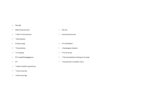 • Paw High
• (High airway pressures)
• * Tube in R main bronchus
• * Bronchospasm
• O Mucous plugs
• * Pneumothorax
• * Air-trapping
• © Pt cough/biting/gagging on
• ETT
• * Patient-ventilator dyssynchrony
• * Pmax set too low
• * PEEP set too high
• Paw Low
• (Low airway pressures)
• ETT Cuff deflation
• • Oesophageal intubation
• O TV set too low
• * Chest wounds/drains allowing air to escape
• * Disconnection in ventilator circuit
 