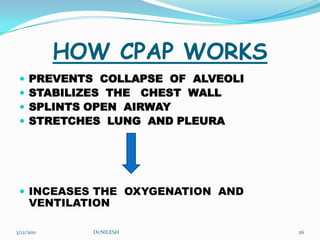 HOW CPAP WORKSPREVENTS  COLLAPSE  OF  ALVEOLISTABILIZES  THE   CHEST  WALLSPLINTS OPEN  AIRWAYSTRETCHES  LUNG  AND PLEURAINCEASES THE  OXYGENATION  AND  VENTILATION5/20/2010Dr.NILESH26