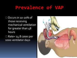 Prevalence of VAP
Occurs in 10-20% of
those receiving
mechanical ventilation
for greater than 48
hours
Rate= 14.8 cases per
1000 ventilator days
 