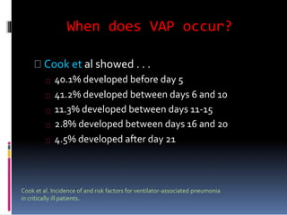 When does VAP occur?
Cook et al showed . . .
40.1% developed before day 5
41.2% developed between days 6 and 10
11.3% developed between days 11-15
2.8% developed between days 16 and 20
4.5% developed after day 21
Cook et al. Incidence of and risk factors for ventilator-associated pneumonia
in critically ill patients.
 