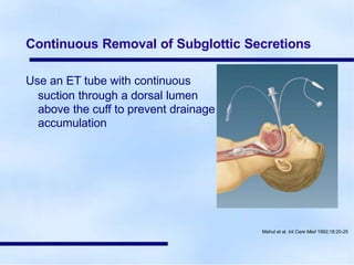 Continuous Removal of Subglottic Secretions
Use an ET tube with continuous
suction through a dorsal lumen
above the cuff to prevent drainage
accumulation
Mahul et al. Int Care Med 1992;18:20-25
 