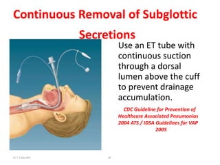Continuous Removal of Subglottic
Secretions
Use an ET tube with
continuous suction
through a dorsal
lumen above the cuff
to prevent drainage
accumulation.
CDC Guideline for Prevention of
Healthcare Associated Pneumonias
2004 ATS / IDSA Guidelines for VAP
2005
Dr.T.V.Rao MD 38
 