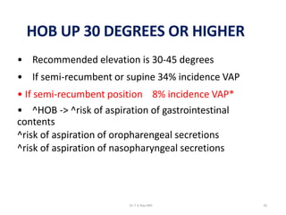 HOB UP 30 DEGREES OR HIGHER
• Recommended elevation is 30-45 degrees
• If semi-recumbent or supine 34% incidence VAP
• If semi-recumbent position 8% incidence VAP*
• ^HOB -> ^risk of aspiration of gastrointestinal
contents
^risk of aspiration of oropharengeal secretions
^risk of aspiration of nasopharyngeal secretions
Dr.T.V.Rao MD 41
 