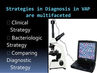 Strategies in Diagnosis in VAP
are multifaceted
Clinical
Strategy
Bacteriologic
Strategy
Comparing
Diagnostic
Strategy
 