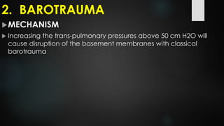 2. BAROTRAUMA
MECHANISM
 Increasing the trans-pulmonary pressures above 50 cm H2O will
cause disruption of the basement membranes with classical
barotrauma
 