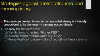 Strategies against atelectotrauma and
shearing injury
 The pressure needed to reopen an occluded airway is inversely
proportional to its diameter → damage occurs distally
 This may be achieved by:
(a) Ventilation strategies: “Higher PEEP”
(b) A recruitment manoeuvres: e.g. CPAP
(c) Prone Positioning (gravitational recruitment manoeuvre)
 