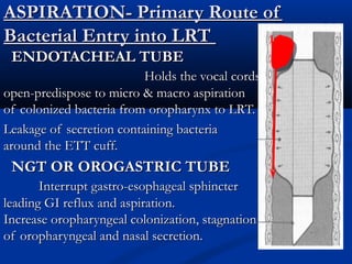 ASPIRATION- Primary Route of
Bacterial Entry into LRT
 ENDOTACHEAL TUBE
                          Holds the vocal cords
open-predispose to micro & macro aspiration
of colonized bacteria from oropharynx to LRT.
Leakage of secretion containing bacteria
around the ETT cuff.
 NGT OR OROGASTRIC TUBE
       Interrupt gastro-esophageal sphincter
leading GI reflux and aspiration.
Increase oropharyngeal colonization, stagnation
of oropharyngeal and nasal secretion.
 