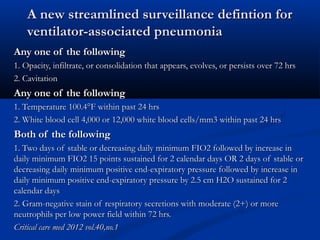 A new streamlined surveillance defintion for
    ventilator-associated pneumonia
Any one of the following
1. Opacity, infiltrate, or consolidation that appears, evolves, or persists over 72 hrs
2. Cavitation
Any one of the following
1. Temperature 100.4°F within past 24 hrs
2. White blood cell 4,000 or 12,000 white blood cells/mm3 within past 24 hrs
Both of the following
1. Two days of stable or decreasing daily minimum FIO2 followed by increase in
daily minimum FIO2 15 points sustained for 2 calendar days OR 2 days of stable or
decreasing daily minimum positive end-expiratory pressure followed by increase in
daily minimum positive end-expiratory pressure by 2.5 cm H2O sustained for 2
calendar days
2. Gram-negative stain of respiratory secretions with moderate (2+) or more
neutrophils per low power field within 72 hrs.
Critical care med 2012 vol.40,no.1
 