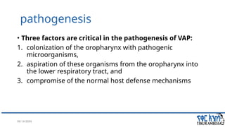 08/14/2024 12
pathogenesis
• Three factors are critical in the pathogenesis of VAP:
1. colonization of the oropharynx with pathogenic
microorganisms,
2. aspiration of these organisms from the oropharynx into
the lower respiratory tract, and
3. compromise of the normal host defense mechanisms
 