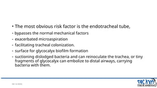 08/14/2024 13
• The most obvious risk factor is the endotracheal tube,
- bypasses the normal mechanical factors
- exacerbated microaspiration
- facilitating tracheal colonization.
- surface for glycocalyx biofilm formation
- suctioning dislodged bacteria and can reinoculate the trachea, or tiny
fragments of glycocalyx can embolize to distal airways, carrying
bacteria with them.
 