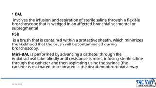 08/14/2024 29
• BAL
involves the infusion and aspiration of sterile saline through a flexible
bronchoscope that is wedged in an affected bronchial segmental or
subsegmental
PSB
is a brush that is contained within a protective sheath, which minimizes
the likelihood that the brush will be contaminated during
bronchoscopy.
Mini-BAL is performed by advancing a catheter through the
endotracheal tube blindly until resistance is meet, infusing sterile saline
through the catheter and then aspirating using the syringe (the
catheter is estimated to be located in the distal endobronchial airway
 
