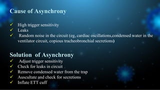 Cause of Asynchrony
 High trigger sensitivity
 Leaks
 Random noise in the circuit (eg, cardiac oscillations,condensed water in the
ventilator circuit, copious tracheobronchial secretions)
Solution of Asynchrony
 Adjust trigger sensitivity
 Check for leaks in circuit
 Remove condensed water from the trap
 Auscultate and check for secretions
 Inflate ETT cuff
 