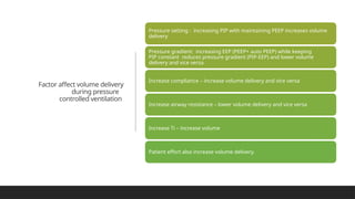 Factor affect volume delivery
during pressure
controlled ventilation
Pressure setting : increasing PIP with maintaining PEEP increases volume
delivery
Pressure gradient: increasing EEP (PEEP+ auto PEEP) while keeping
PIP constant reduces pressure gradient (PIP-EEP) and lower volume
delivery and vice versa.
Increase compliance – increase volume delivery and vice versa
Increase airway resistance – lower volume delivery and vice versa
Increase Ti – increase volume
Patient effort also increase volume delivery.
 