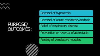 PURPOSE/
OUTCOMES:
Reversal ofhypoxemia
Reversal of acute respiratoryacidosis
Relief of respiratory distress
Prevention or reversal ofatelectasis
Resting of ventilatorymuscles
 