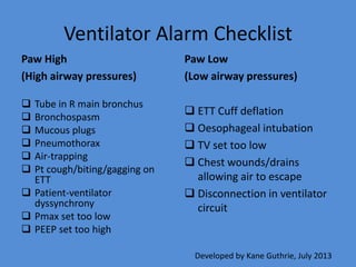 Ventilator Alarm Checklist
Paw High
(High airway pressures)
 Tube in R main bronchus
 Bronchospasm
 Mucous plugs
 Pneumothorax
 Air-trapping
 Pt cough/biting/gagging on
ETT
 Patient-ventilator
dyssynchrony
 Pmax set too low
 PEEP set too high
Paw Low
(Low airway pressures)
 ETT Cuff deflation
 Oesophageal intubation
 TV set too low
 Chest wounds/drains
allowing air to escape
 Disconnection in ventilator
circuit
Developed by Kane Guthrie, July 2013
 