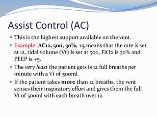 Assist Control (AC)
 This is the highest support available on the vent.
 Example: AC12, 500, 30%, +5 means that the rate is set
at 12, tidal volume (Vt) is set at 500, FiO2 is 30% and
PEEP is +5.
 The very least the patient gets is 12 full breaths per
minute with a Vt of 500ml.
 If the patient takes more than 12 breaths, the vent
senses their inspiratory effort and gives them the full
Vt of 500ml with each breath over 12.
 
