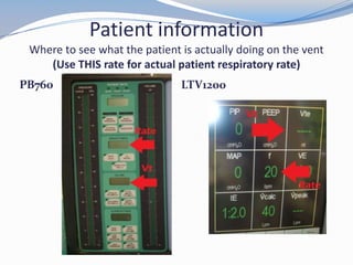 Patient information
Where to see what the patient is actually doing on the vent
(Use THIS rate for actual patient respiratory rate)
PB760 LTV1200
 