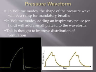  In Volume modes, the shape of the pressure wave
will be a ramp for mandatory breaths
•In Volume modes, adding an inspiratory pause (or
hold) will add a small plateau to the waveform.
•This is thought to improve distribution of
ventilation
 