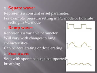  Square wave:
Represents a constant or set parameter.
For example, pressure setting in PC mode or flowrate
setting in VC mode.
 Ramp wave:
Represents a variable parameter
Will vary with changes in lung
characteristics
Can be accelerating or decelerating
 Sine wave:
Seen with spontaneous, unsupported
breathing
 
