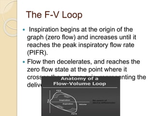 The F-V Loop
 Inspiration begins at the origin of the
graph (zero flow) and increases until it
reaches the peak inspiratory flow rate
(PIFR).
 Flow then decelerates, and reaches the
zero flow state at the point where it
crosses the volume axis, representing the
delivered V
 