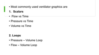 • Most commonly used ventilator graphics are
1. Scalars
• Flow vs Time
• Pressure vs Time
• Volume vs Time
2. Loops
• Pressure – Volume Loop
• Flow – Volume Loop
 
