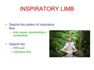 INSPIRATORY LIMB
• Depicts the pattern of inspiratory
flow
– sine, square, decelerating or
accelerating
• Depicts the
– PIFR and
– inspiratory time
 