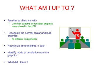 WHAT AM I UP TO ?
• Familiarize clinicians with
– Common patterns of ventilator graphics
encountered in the ICU
• Recognize the normal scalar and loop
graphics
– Its different components
• Recognize abnormalities in each
• Identify mode of ventilation from the
graphics
• What did I learn ?
 