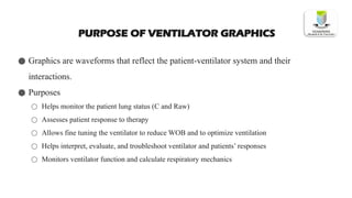 PURPOSE OF VENTILATOR GRAPHICS
● Graphics are waveforms that reflect the patient-ventilator system and their
interactions.
● Purposes
○ Helps monitor the patient lung status (C and Raw)
○ Assesses patient response to therapy
○ Allows fine tuning the ventilator to reduce WOB and to optimize ventilation
○ Helps interpret, evaluate, and troubleshoot ventilator and patients’ responses
○ Monitors ventilator function and calculate respiratory mechanics
 