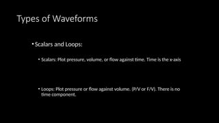 Types of Waveforms
•Scalars and Loops:
• Scalars: Plot pressure, volume, or flow against time. Time is the x-axis
• Loops: Plot pressure or flow against volume. (P/V or F/V). There is no
time component.
 