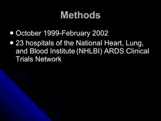 Methods October 1999-February 2002 23 hospitals of the National Heart, Lung, and Blood Institute   (NHLBI) ARDS Clinical Trials Network 