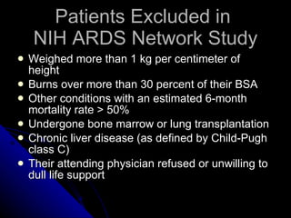 Patients Excluded in  NIH ARDS Network Study <ul><li>Weighed more than 1 kg per centimeter of height </li></ul><ul><li>Bur...