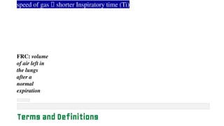 speed of gas 🡪 shorter Inspiratory time (Ti)
FRC: volume
of air left in
the lungs
after a
normal
expiration
Terms and Definitions
 