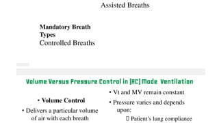 Mandatory Breath
Types
Controlled Breaths
Assisted Breaths
Volume Versus Pressure Control in (AC) Mode Ventilation
• Volume Control
• Delivers a particular volume
of air with each breath
• Vt and MV remain constant
• Pressure varies and depends
upon:
⮚ Patient’s lung compliance
 
