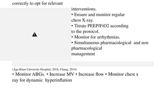 correctly to opt for relevant
interventions.
• Ensure and monitor regular
chest X-ray.
• Titrate PEEP/FiO2 according
to the protocol.
• Monitor for arrhythmias.
• Simultaneous pharmacological and non
pharmacological
management
(Aga Khan University Hospital, 2018, Chang, 2014)
• Monitor ABGs. • Increase MV • Increase flow • Monitor chest x
ray for dynamic hyperinflation
 