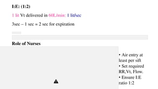 I:E: (1:2)
1 lit Vt delivered in 60L/min: 1 lit/sec
3sec – 1 sec = 2 sec for expiration
Role of Nurses
• Air entry at
least per sift
• Set required
RR,Vt, Flow.
• Ensure I:E
ratio 1:2
 