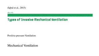 (Iqbal et al., 2015)
Types of Invasive Mechanical Ventilation
Positive-pressure Ventilation
Mechanical Ventilation
 
