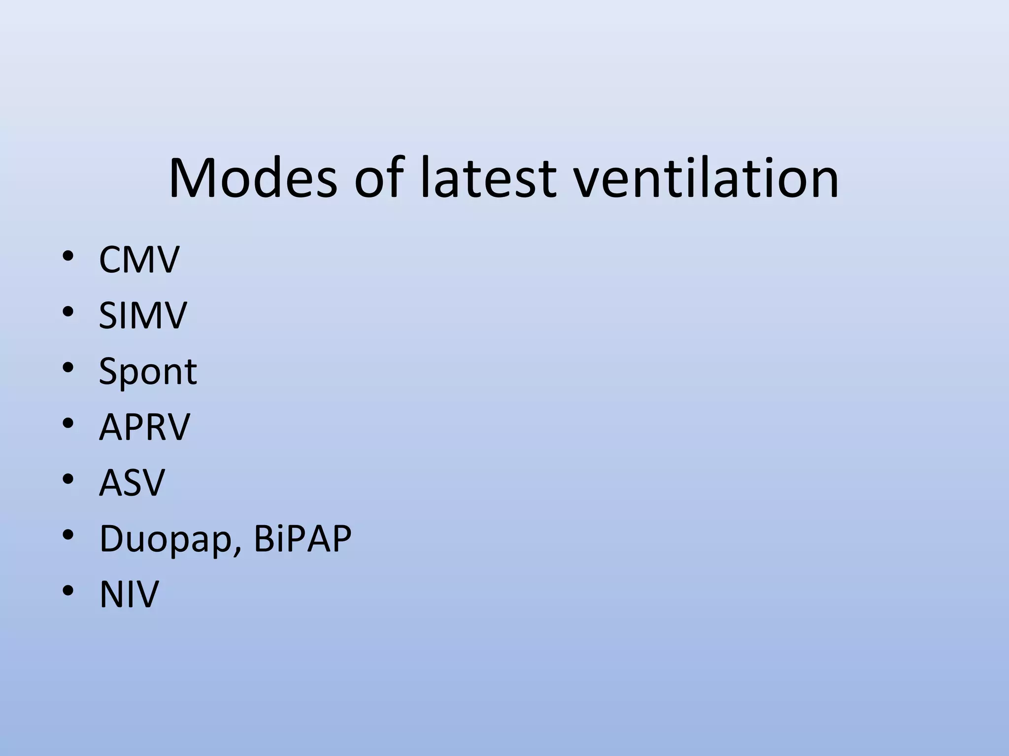 • CMV
• SIMV
• Spont
• APRV
• ASV
• Duopap, BiPAP
• NIV
Modes of latest ventilation
 