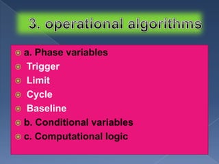  a.

Phase variables
 Trigger
 Limit
 Cycle
 Baseline
 b. Conditional variables
 c. Computational logic

 