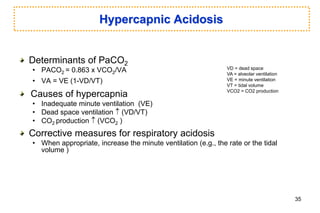 Hypercapnic Acidosis
Determinants of PaCO2
• PACO2 = 0.863 x VCO2/VA
• VA = VE (1-VD/VT)
Causes of hypercapnia
• Inadequate minute ventilation (VE)
• Dead space ventilation  (VD/VT)
• CO2 production  (VCO2 )
Corrective measures for respiratory acidosis
• When appropriate, increase the minute ventilation (e.g., the rate or the tidal
volume )
VD = dead space
VA = alveolar ventilation
VE = minute ventilation
VT = tidal volume
VCO2 = CO2 production
35
 