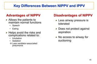Key Differences Between NIPPV and IPPV
Allows the patients to
maintain normal functions
• Speech
• Eating
Helps avoid the risks and
complications related to:
• Intubation
• Sedation
 Less ventilator-associated
pneumonia
Less airway pressure is
tolerated
Does not protect against
aspiration
No access to airway for
suctioning
Advantages of NIPPV Disadvantages of NIPPV
45
 