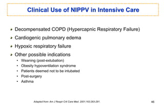 Clinical Use of NIPPV in Intensive Care
Decompensated COPD (Hypercapnic Respiratory Failure)
Cardiogenic pulmonary edema
Hypoxic respiratory failure
Other possible indications
• Weaning (post-extubation)
• Obesity hypoventilation syndrome
• Patients deemed not to be intubated
• Post-surgery
• Asthma
Adapted from: Am J Respir Crit Care Med. 2001;163:283-291. 46
 
