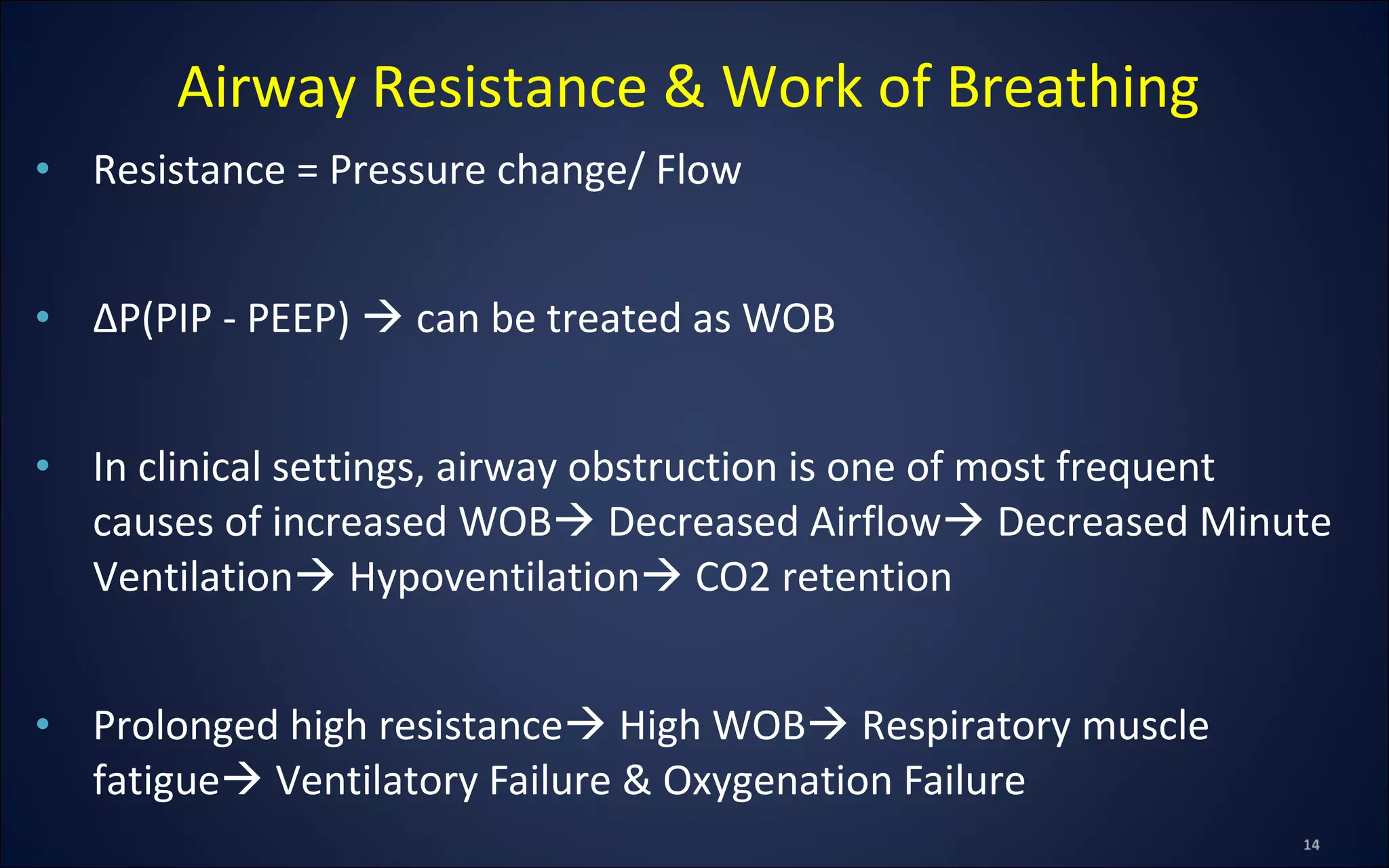 • Resistance = Pressure change/ Flow
• ∆P(PIP - PEEP)  can be treated as WOB
• In clinical settings, airway obstruction is one of most frequent
causes of increased WOB Decreased Airflow Decreased Minute
Ventilation Hypoventilation CO2 retention
• Prolonged high resistance High WOB Respiratory muscle
fatigue Ventilatory Failure & Oxygenation Failure
Airway Resistance & Work of Breathing
 