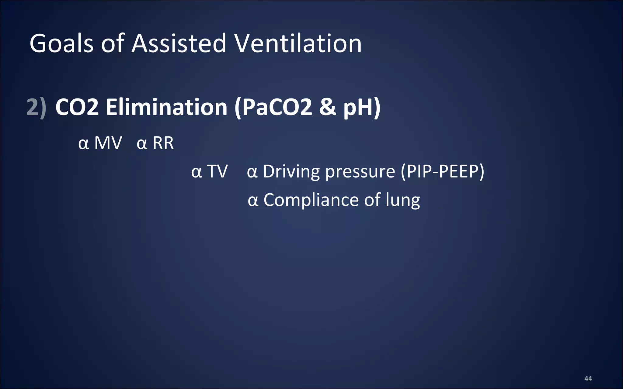 2) CO2 Elimination (PaCO2 & pH)
α MV α RR
α TV α Driving pressure (PIP-PEEP)
α Compliance of lung
Goals of Assisted Ventilation
 