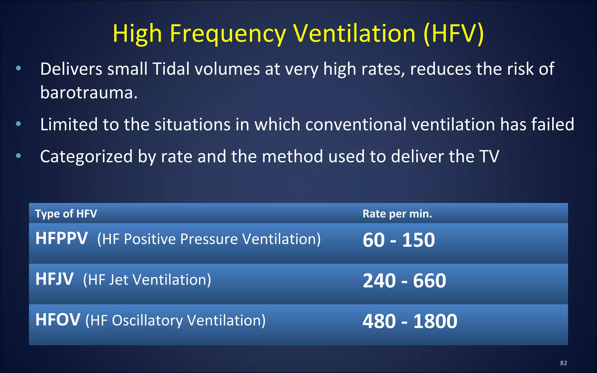 • Delivers small Tidal volumes at very high rates, reduces the risk of
barotrauma.
• Limited to the situations in which conventional ventilation has failed
• Categorized by rate and the method used to deliver the TV
High Frequency Ventilation (HFV)
Type of HFV Rate per min.
HFPPV (HF Positive Pressure Ventilation) 60 - 150
HFJV (HF Jet Ventilation) 240 - 660
HFOV (HF Oscillatory Ventilation) 480 - 1800
 