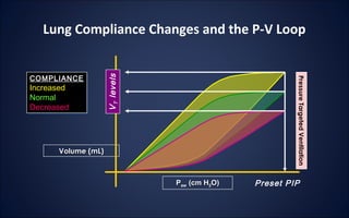 Lung Compliance Changes and the P-V Loop
Volume (mL)Volume (mL)
Preset PIP
VTlevels
PPawaw (cm H(cm H22O)O)
COMPLIANCE
Increased
Normal
Decreased
COMPLIANCE
Increased
Normal
Decreased
PressureTargetedVentilation
 