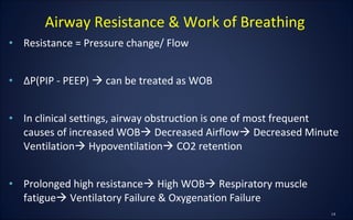 • Resistance = Pressure change/ Flow
• ∆P(PIP - PEEP)  can be treated as WOB
• In clinical settings, airway obstruction is one of most frequent
causes of increased WOB Decreased Airflow Decreased Minute
Ventilation Hypoventilation CO2 retention
• Prolonged high resistance High WOB Respiratory muscle
fatigue Ventilatory Failure & Oxygenation Failure
Airway Resistance & Work of Breathing
 