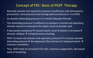 • Normally alveolar end expiratory pressure equilibrates with atmospheric
pressure(i.e. zero pressure) and average pleural pressure is -5 cmH2O
• So alveolar distending pressure is 5 cmH2O (Alveolar-Pleural)
• This distending pressure is sufficient to maintain a normal end expiratory
alveolar volume to overcome the elastic recoil of alveolar wall.
• If decreased compliance Inward elastic recoil of alveoli is increased
alveolar collapse  Intrapulmonary shunting.
• PEEP increases the alveolar end expiratory pressure Increases alveolar
distending pressure Re-expansion/ Recruitment of collapsed alveoli 
Improves ventilation
• Thus, PEEP leads to increased V/Q ratio, improves oxygenation, decreased
work of breathing
Concept of FRC: Basis of PEEP Therapy
 